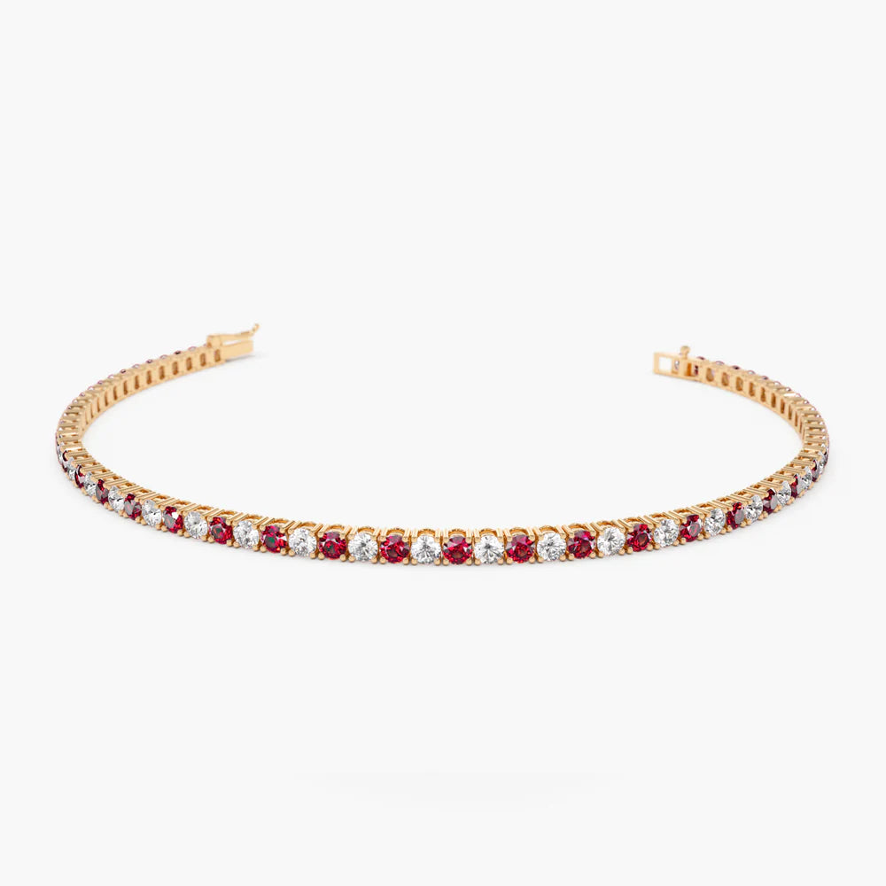 Solid Gold Prong Setting Diamond and Ruby Tennis Bracelet
