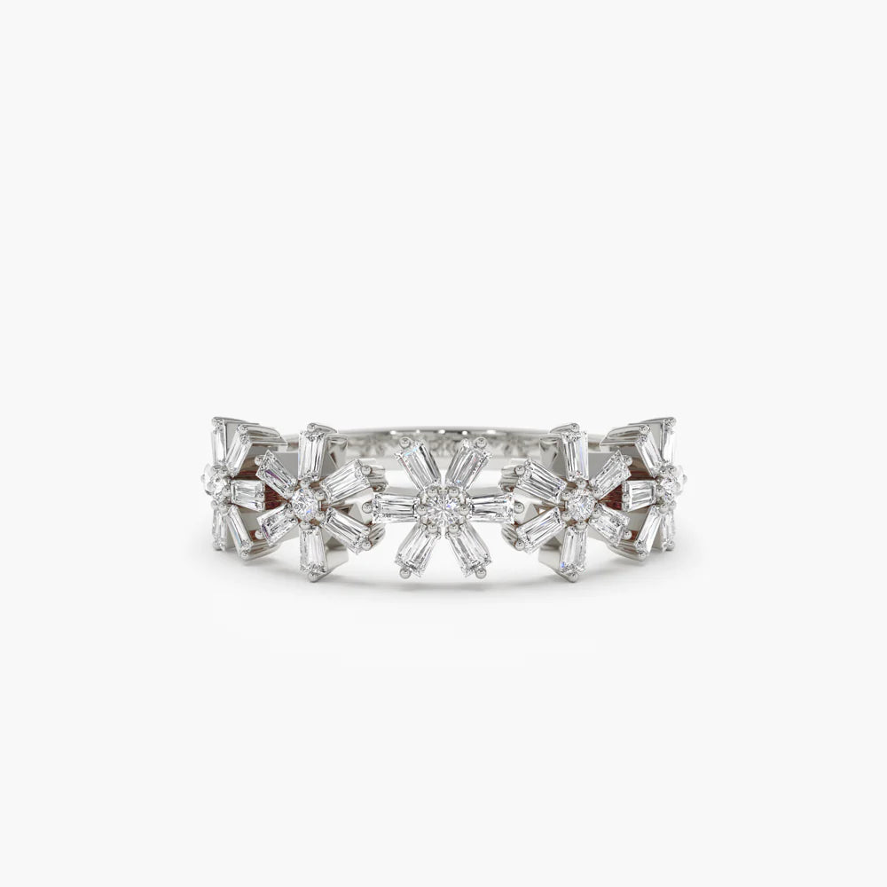 Solid Gold Baguette Diamond Multi Flower Design Ring