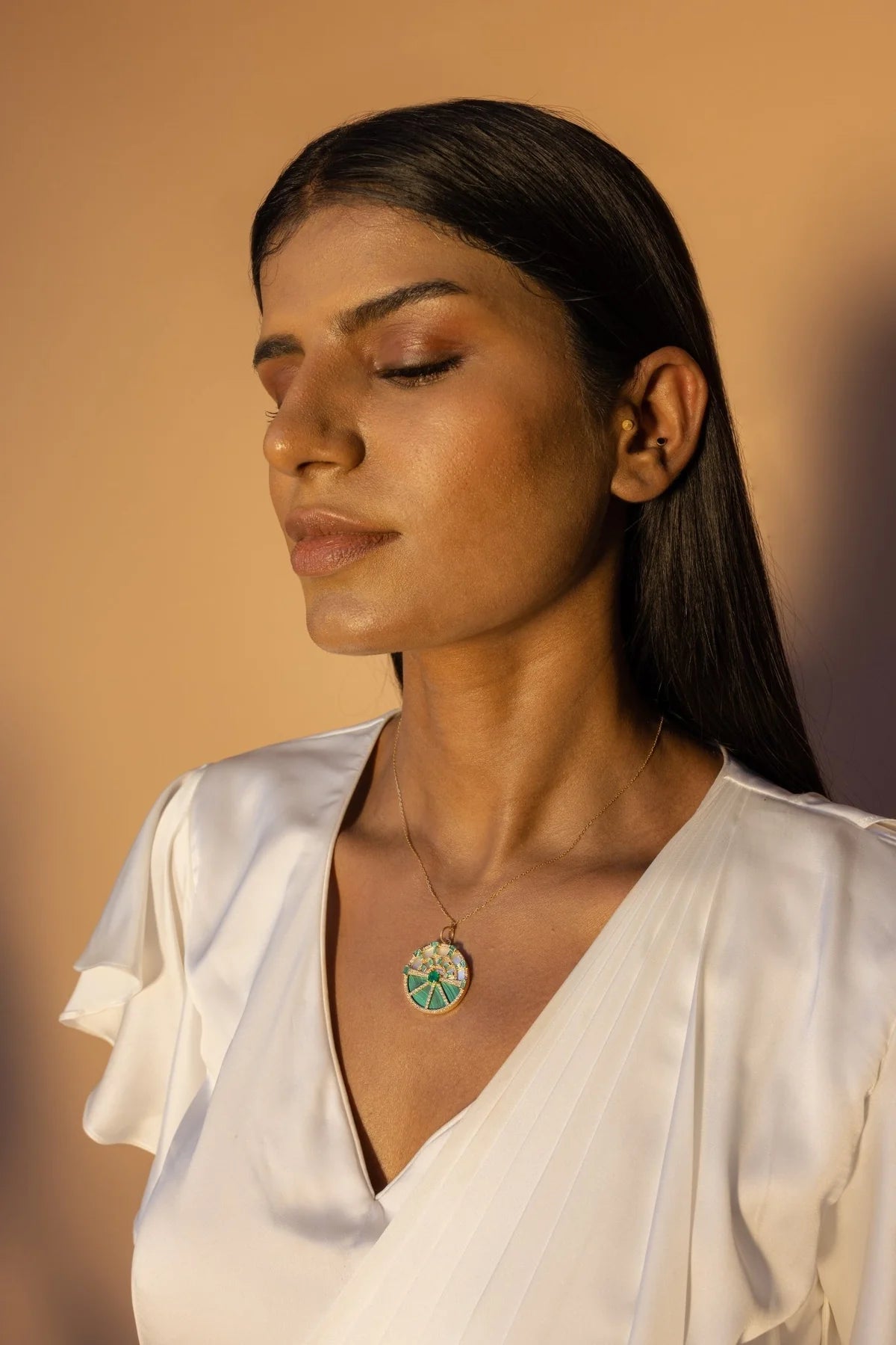Solid Gold Emerald & Malachite Diamon Charm