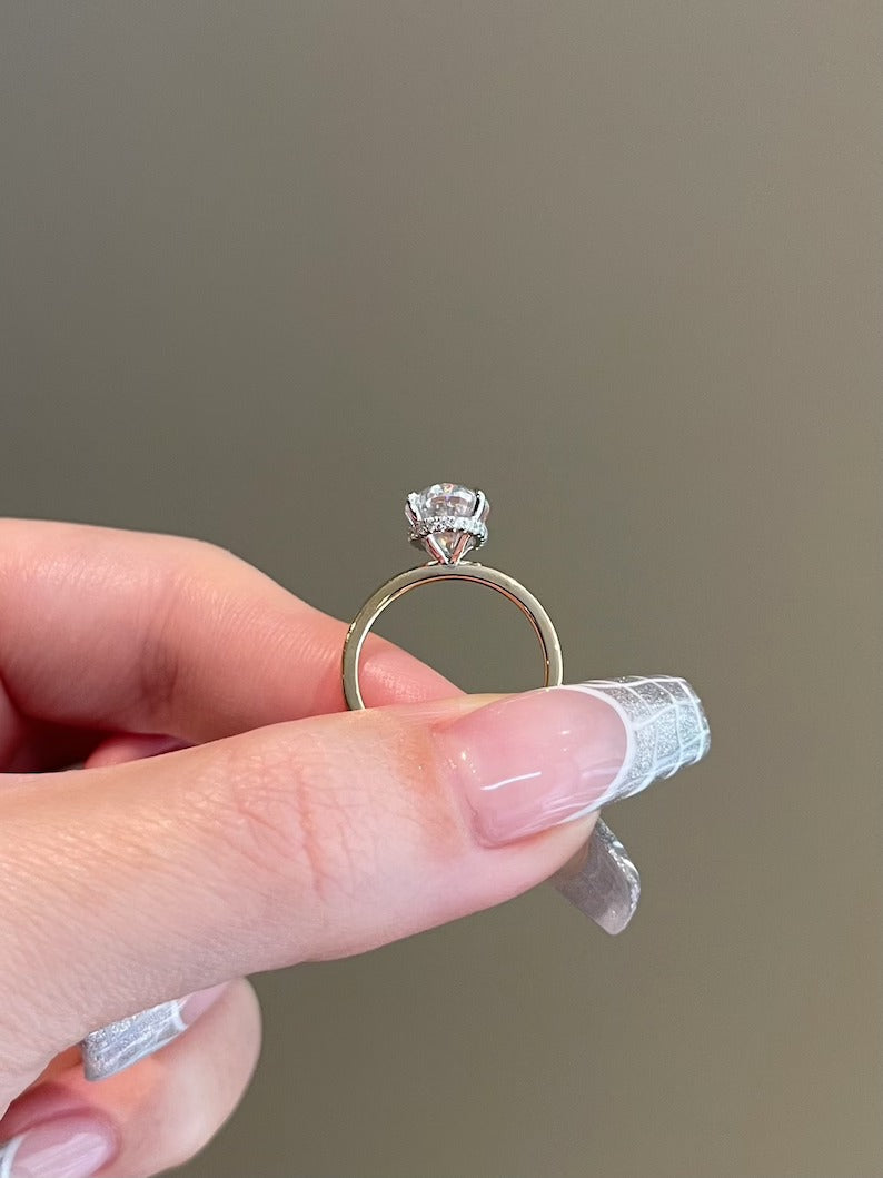 Solid Gold Engagement ring 3 CT Oval Moissanite Halo Invisible Wrap Solitaire