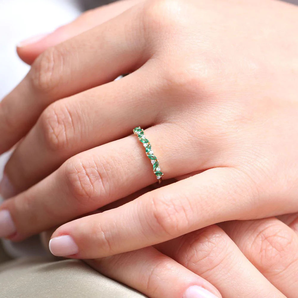 Solid Gold Slanted Emerald and Round Diamond Ring