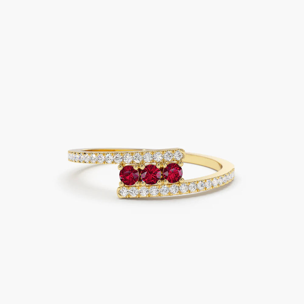 Solid Gold Cross Over Diamond Ring with Round Rubies