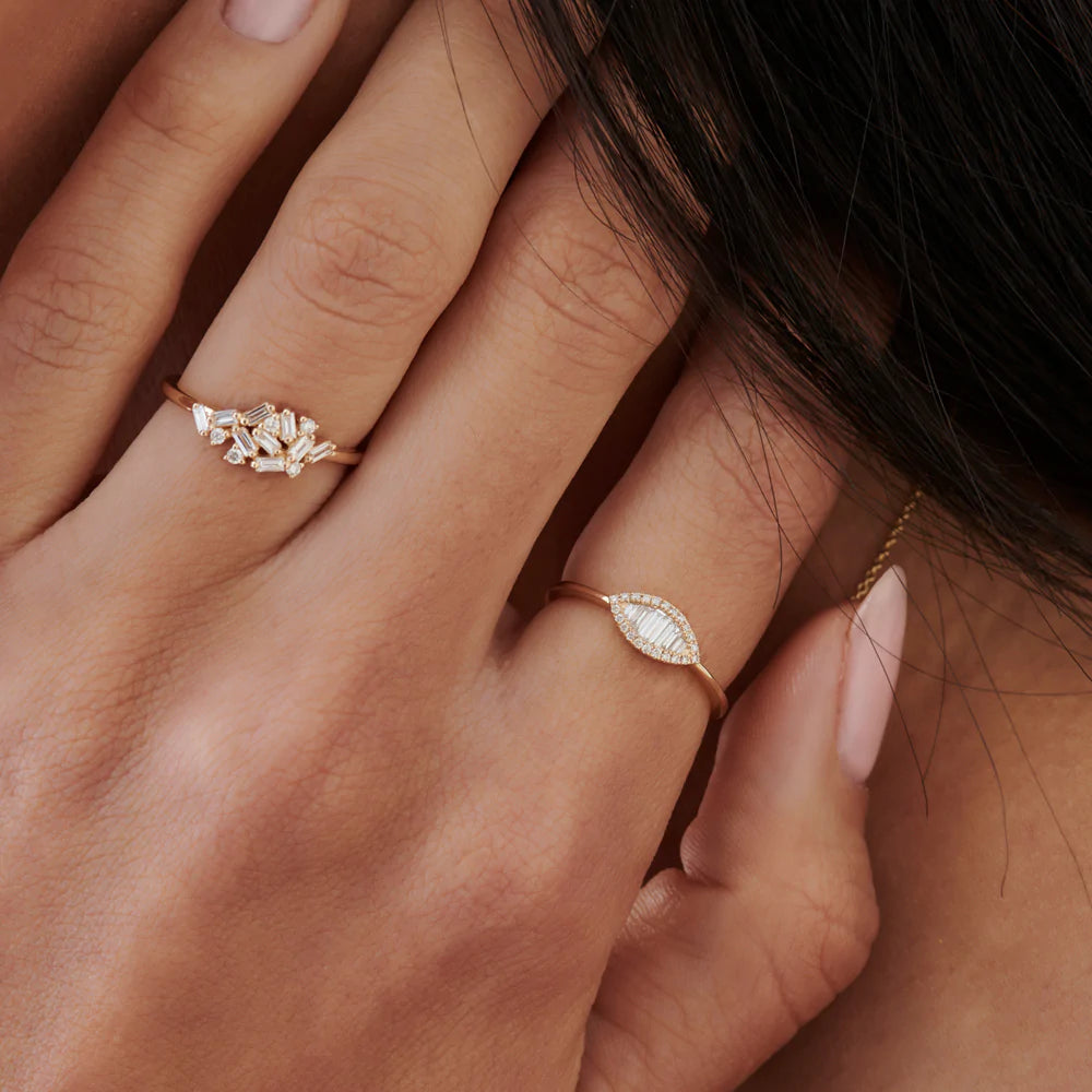18K Solid Gold Marquise Baguette Diamond Ring