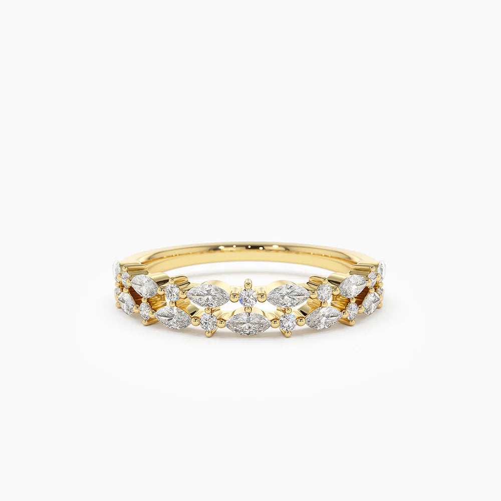 Solid Gold Double Row Alternating Marquise Round Diamond Ring