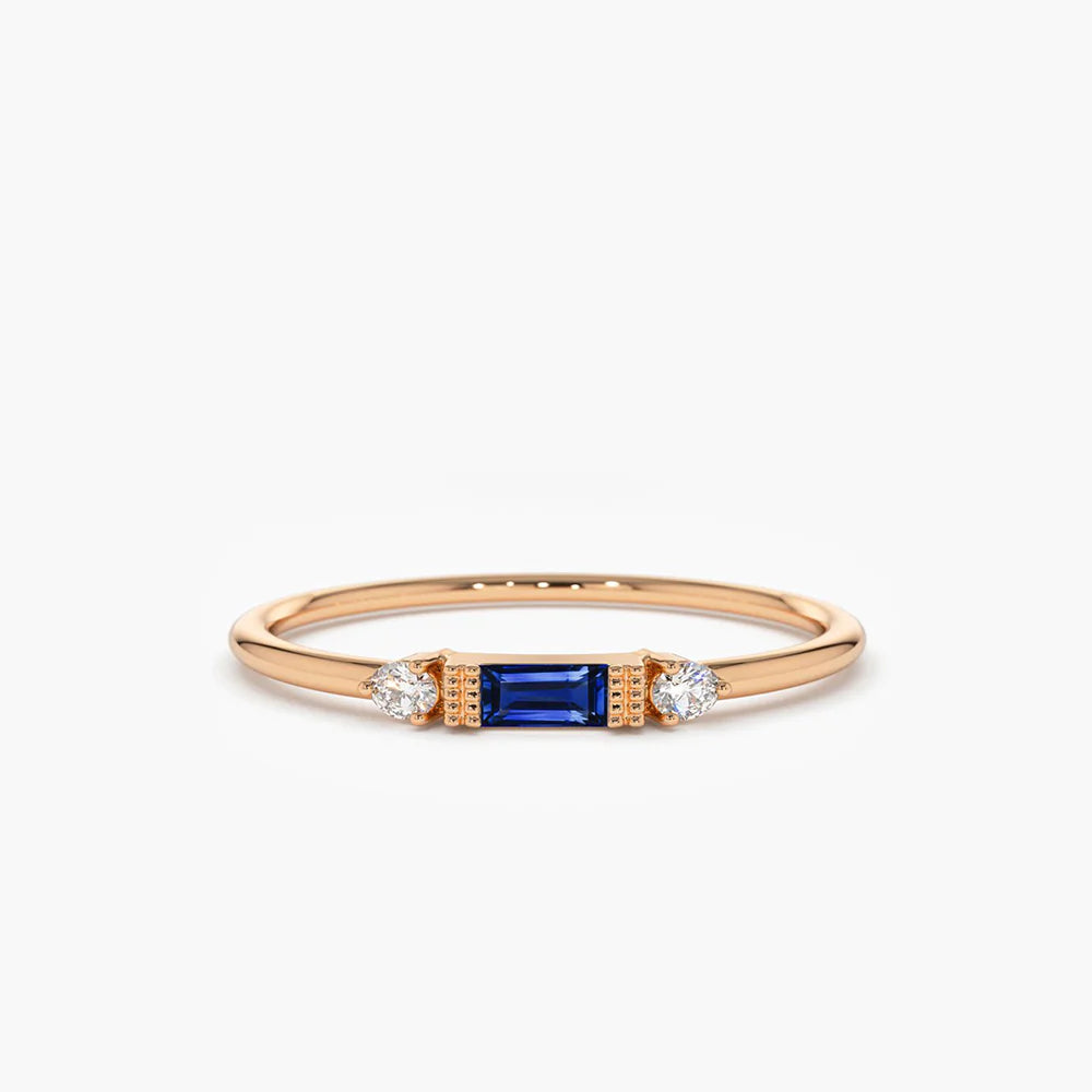 Solid Gold Baguette Blue Sapphire with Diamond Ring