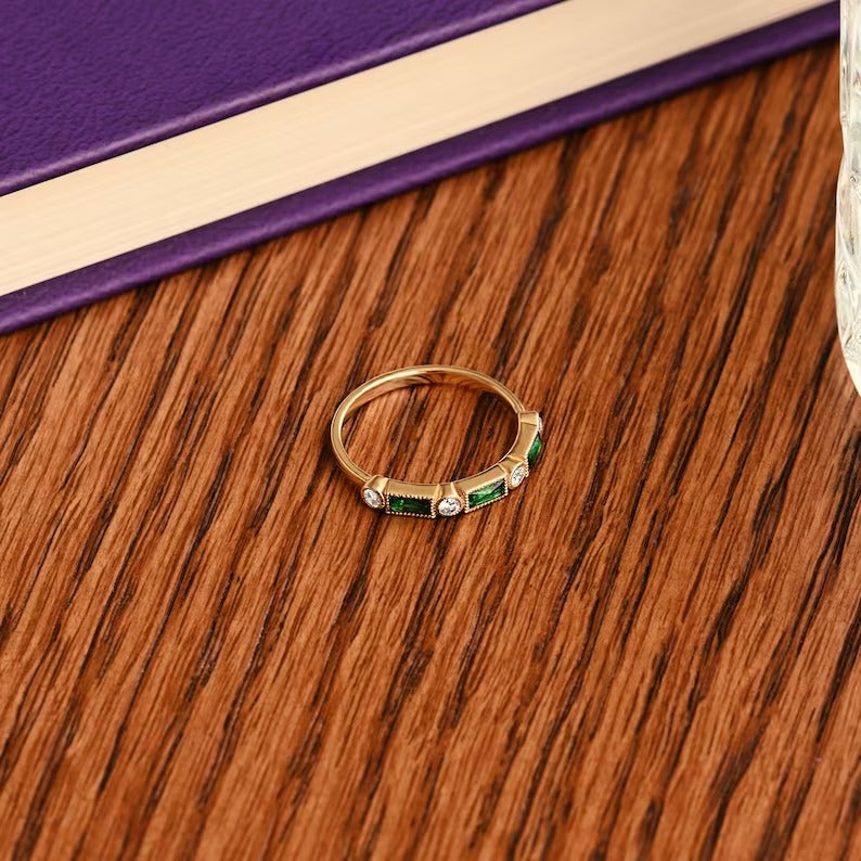Solid Gold Baguette Emerald Wedding Ring