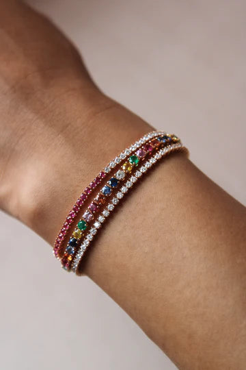 Solid Gold Tennis Bracelet Large Multi-colored fine gemstone | Multi Color
