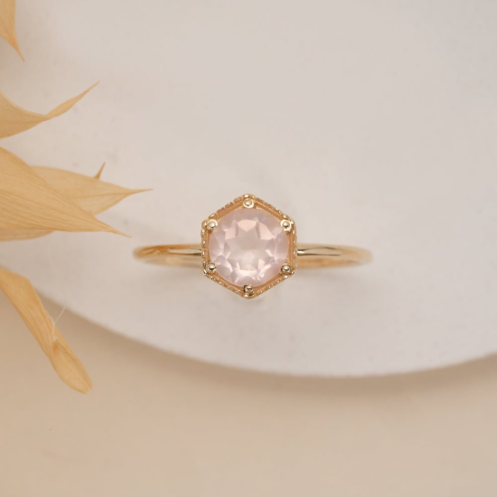 Solid Gold Hexagon Rose Quartz Ring (D7481F)