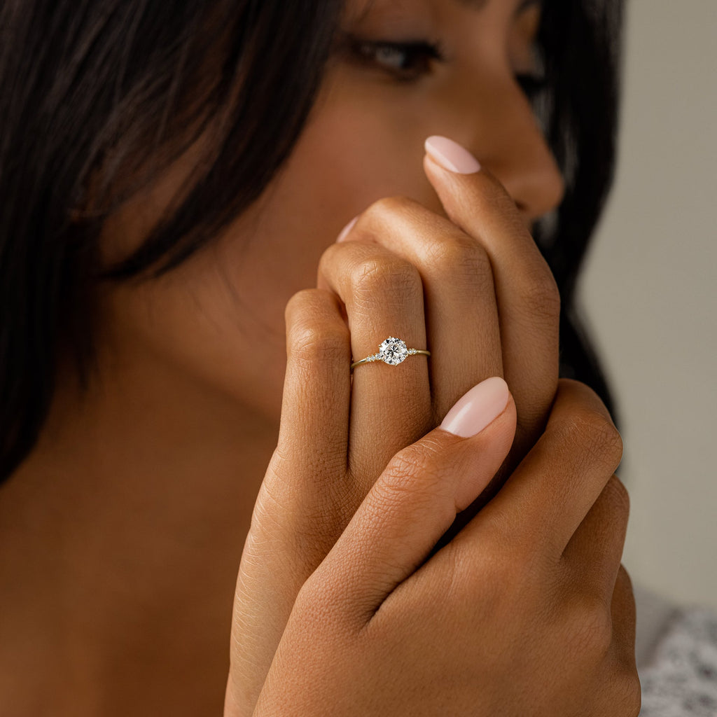 Solid Gold Poppy Seed Ring, Round Cut Diamond Moissanite Engagement Ring