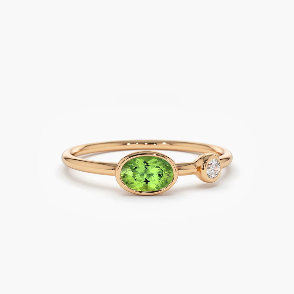 Solid Gold Oval Peridot and Diamond Ring