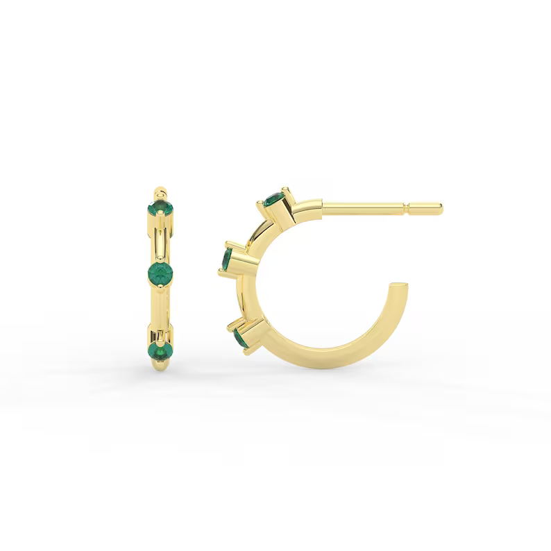 Solid Gold 1.5 MM Natural Emerald Hoop Earrings