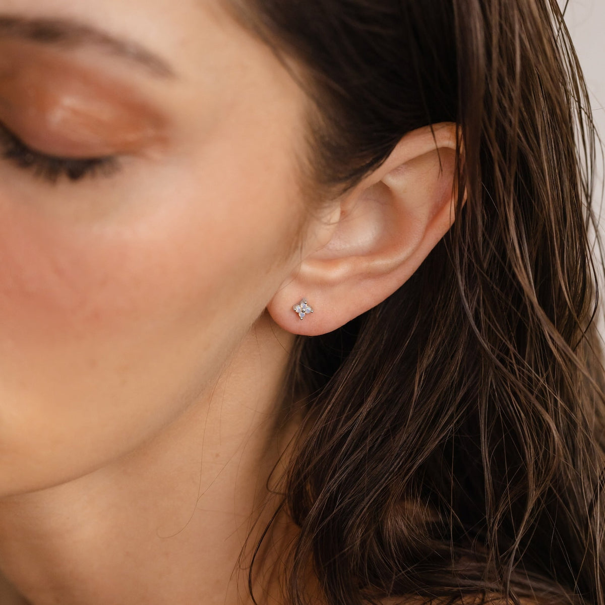 Solid Gold Light Opal Flower Stud Earring