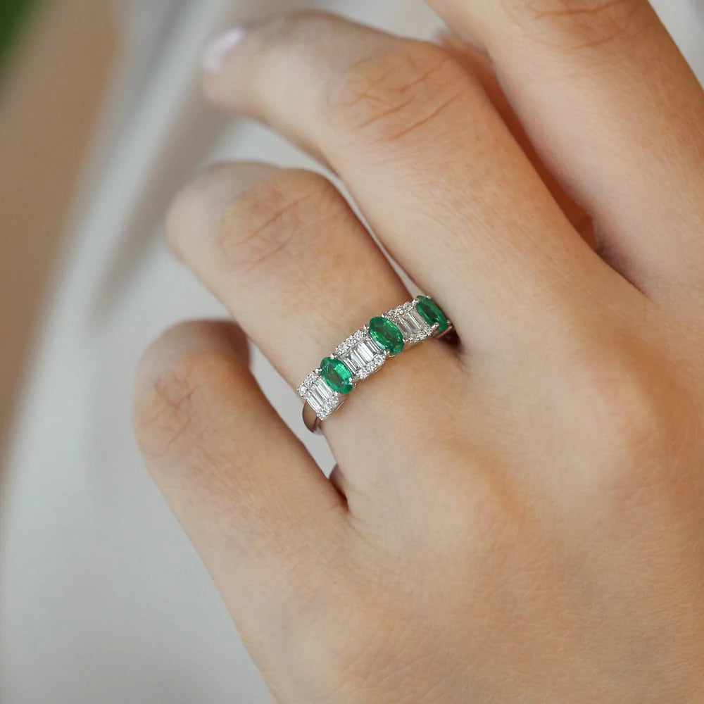 Solid Gold Baguette & Round Diamond with Genuine Emerald Ring