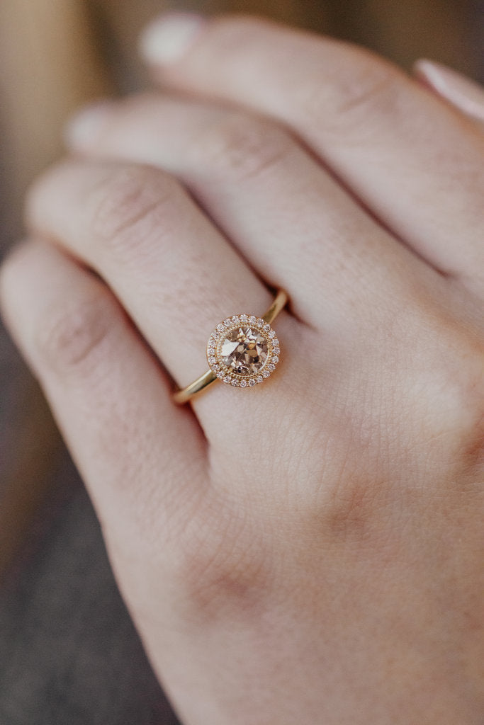 Solid Gold Alma 1.00 ct Round Champagne Moissanite Diamond Halo Ring