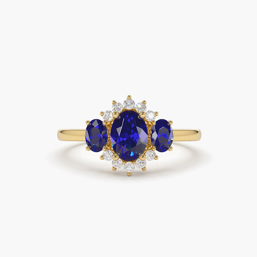 Solid Gold Three Stone Sapphire Cluster Ring