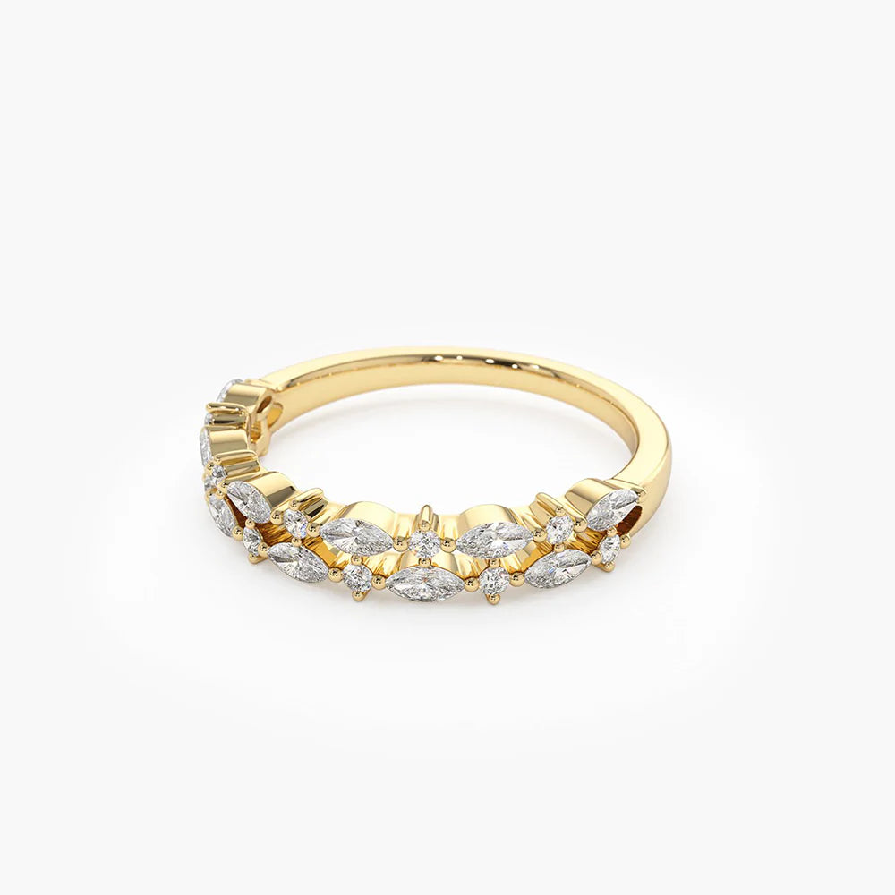 Solid Gold Double Row Alternating Marquise Round Diamond Ring