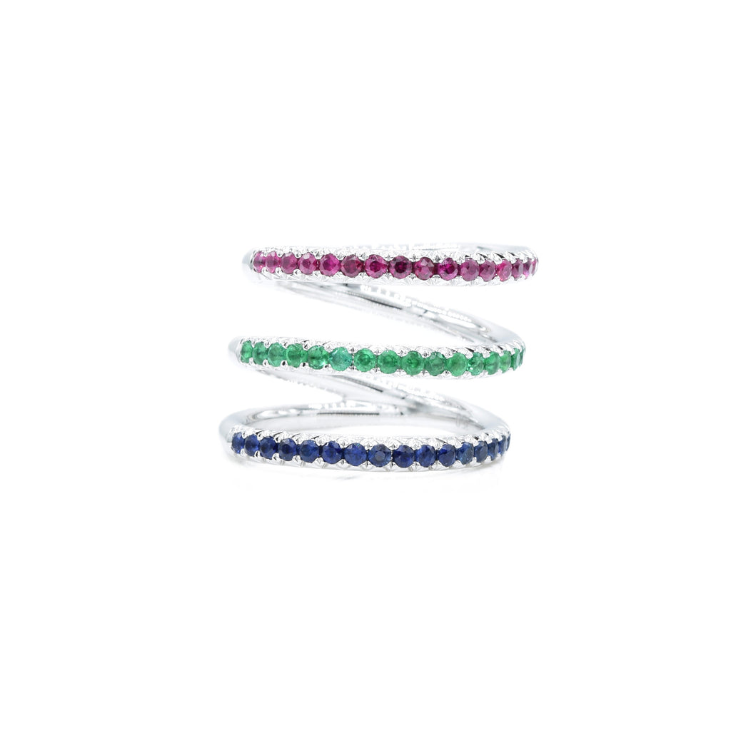 Solid Gold Ruby, Emerald, and Sapphire Triple Ring