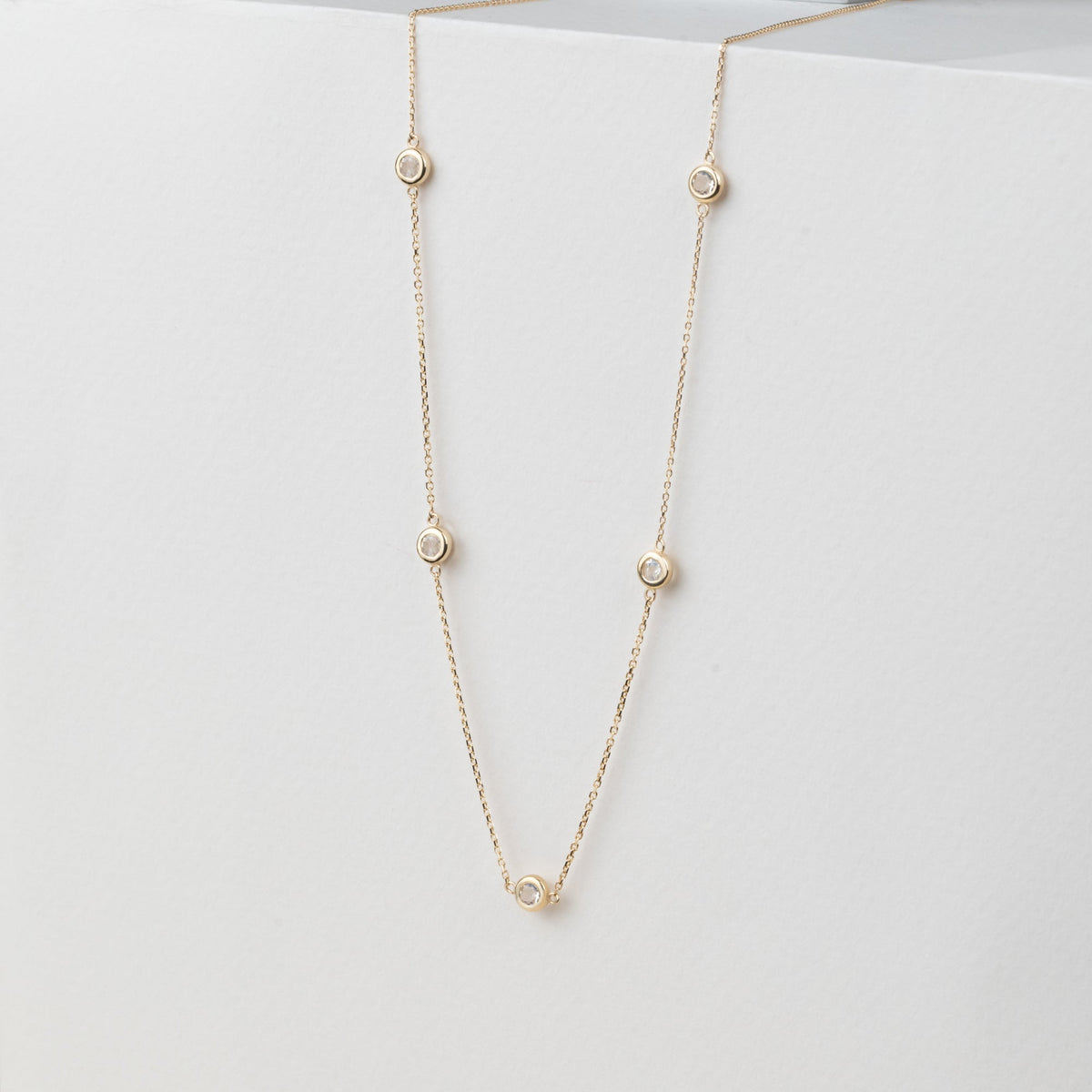 Solid Gold Moonstone Station Necklace (2E4162)
