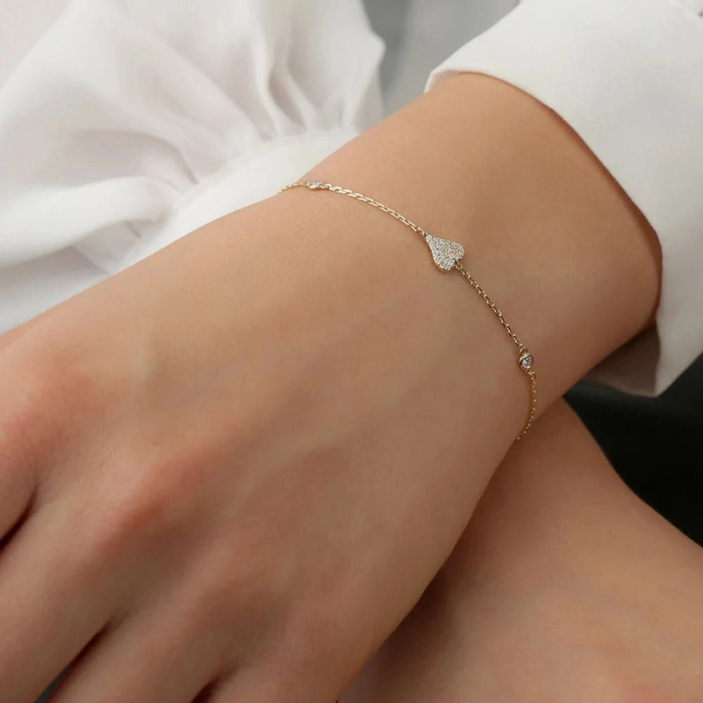Solid Gold Diamond Heart Station Bracelet