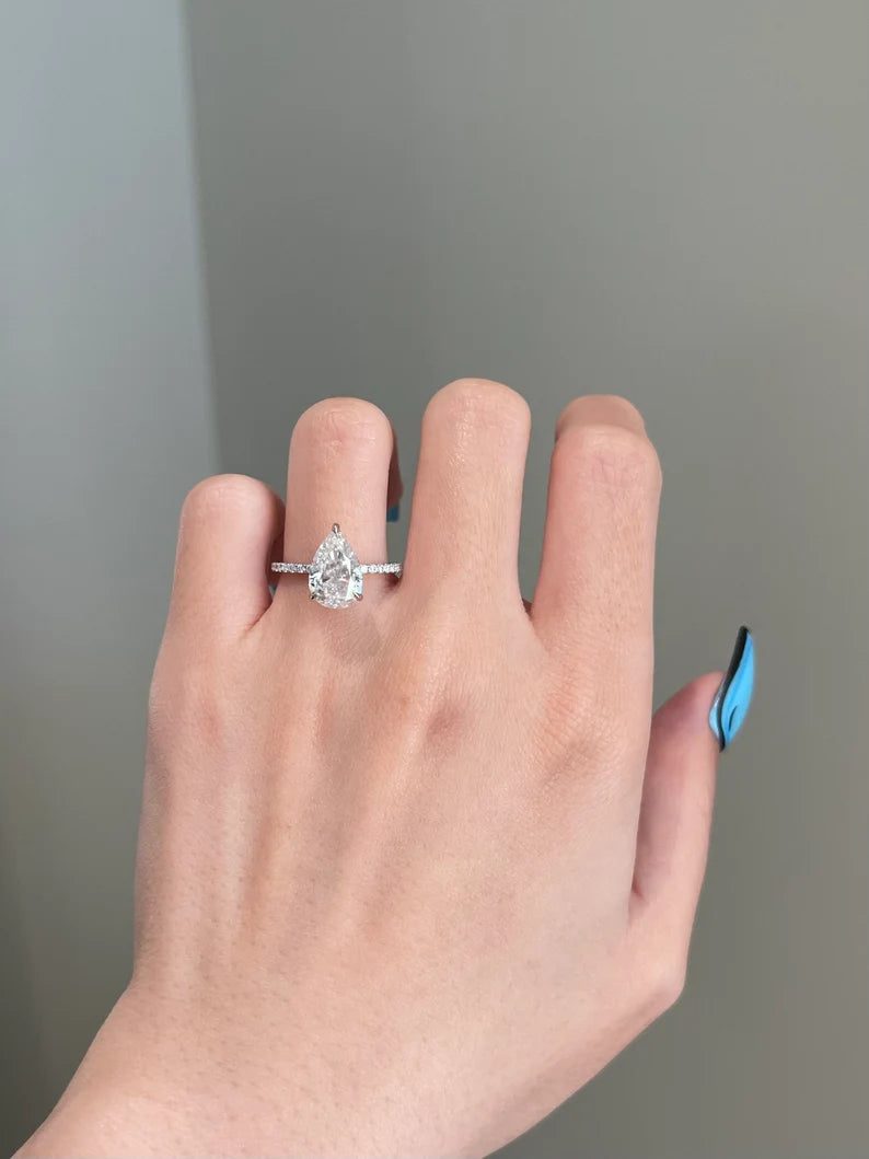Solid Gold 2.5 Carat Pear Shape Moissanite Diamond Engagement Ring