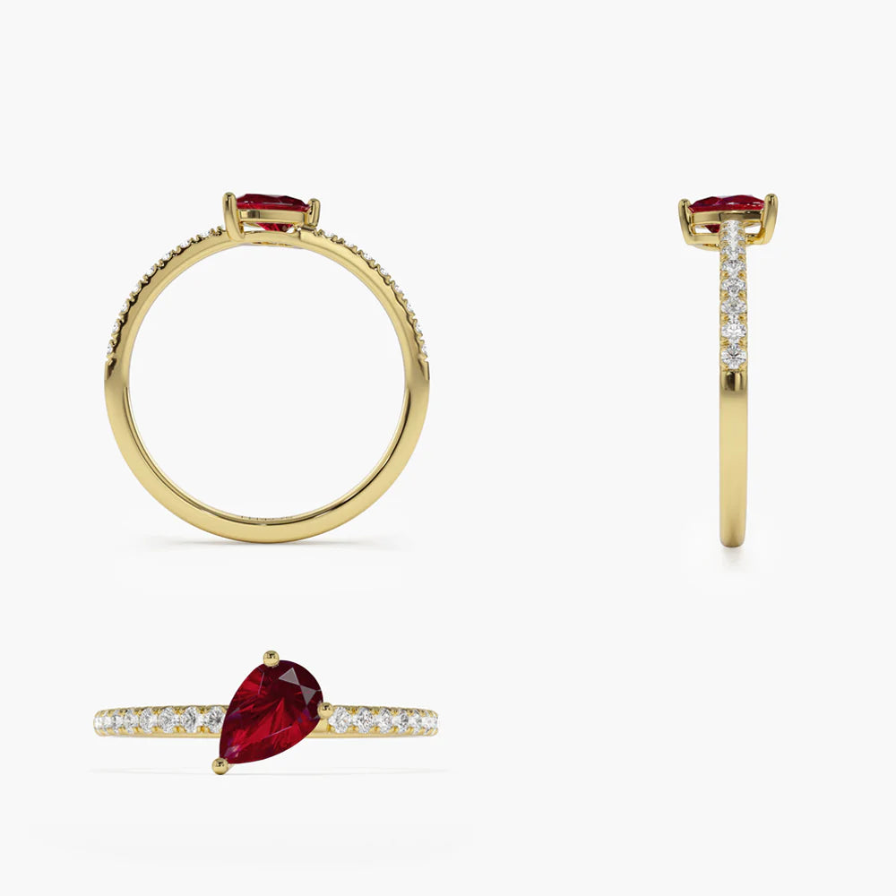 Solid Gold Slanted Pear Shape Ruby Ring with Pave Diamonds