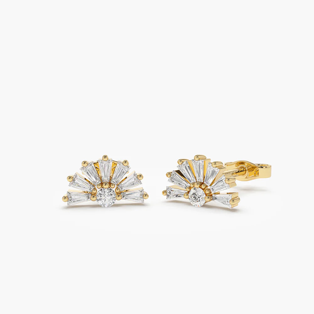Solid Gold Half Round Tapered Baguette Diamond Studs