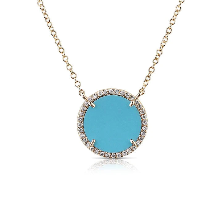 Solid Gold Turquoise And Diamond Round Pendant