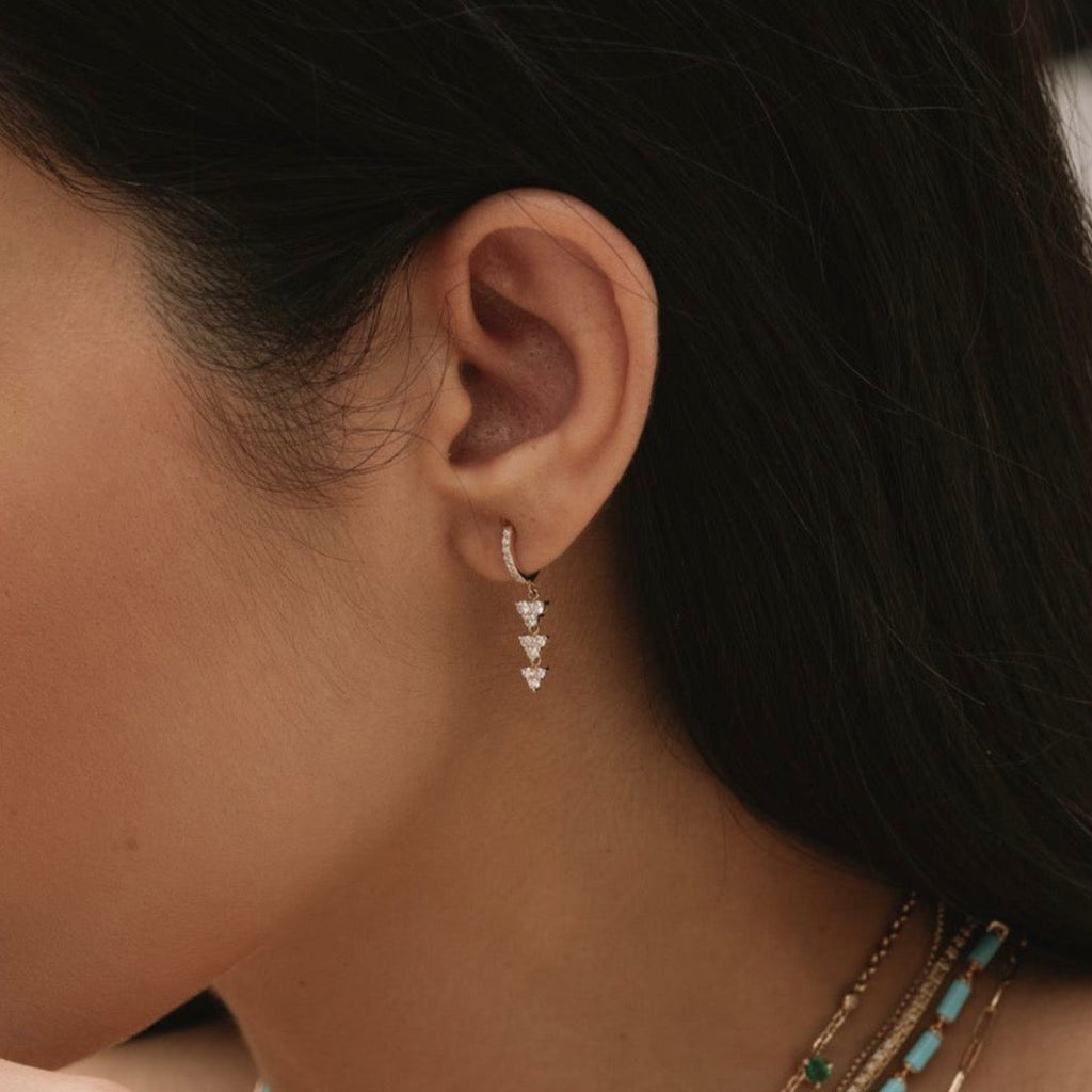Solid Gold Diamond Large Trio Drop Hoop Earring