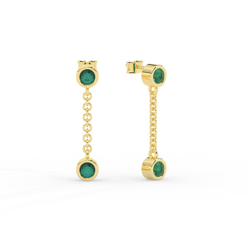Solid Gold Dangle Drop Emerald Earrings (FB09B9)