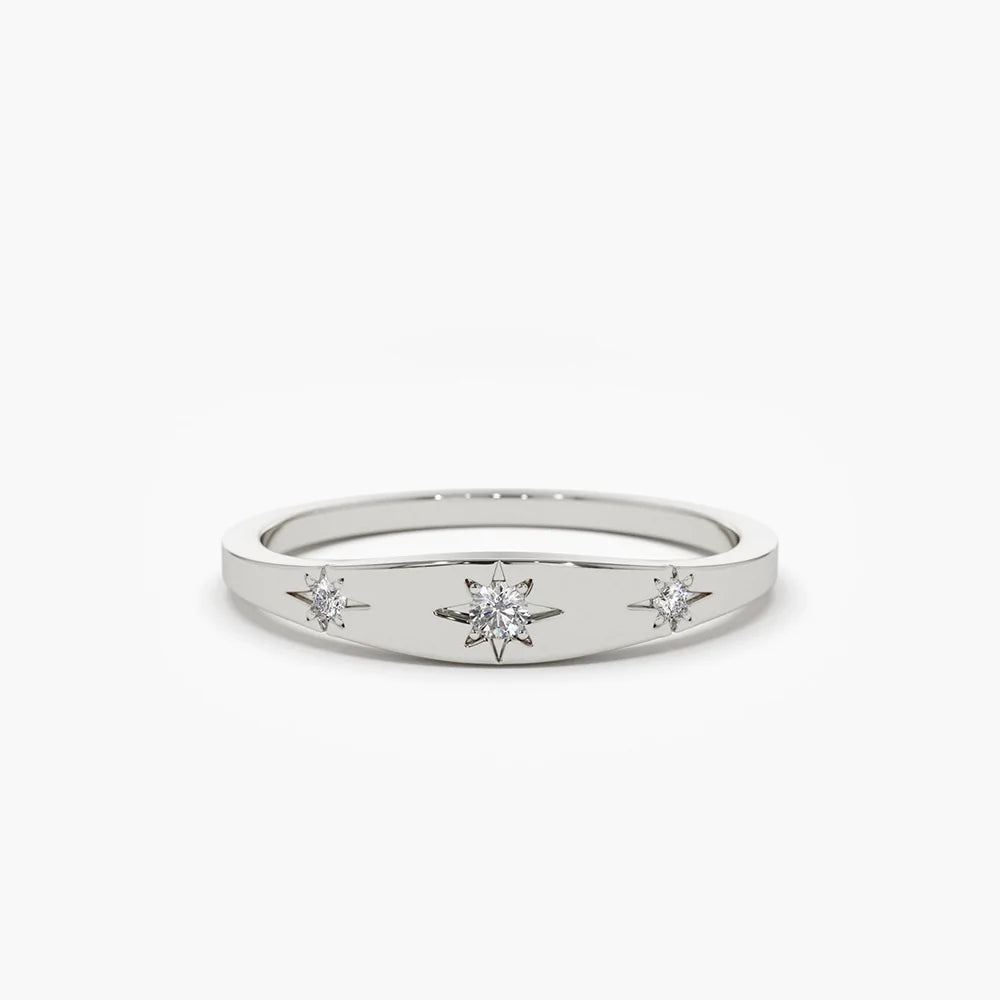 Solid Gold Star Setting 3 Diamond Stacking Ring