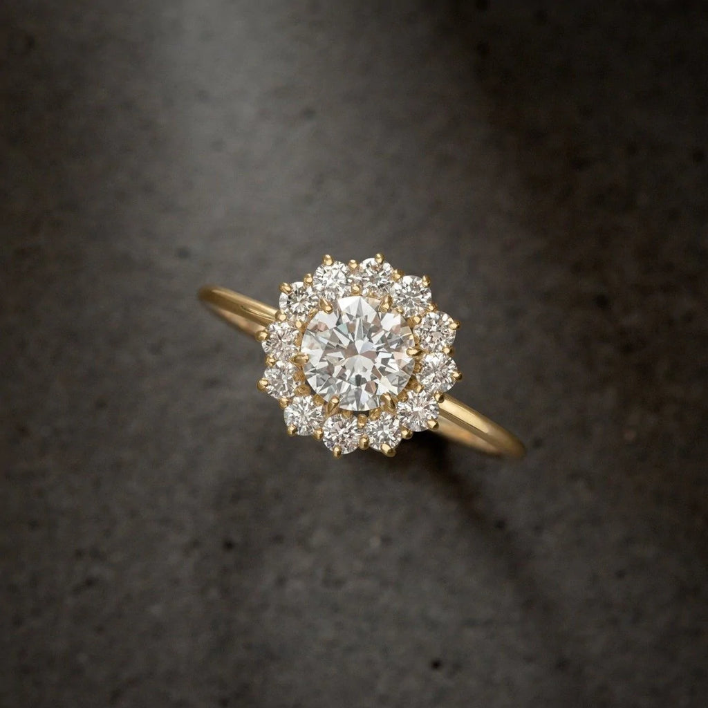 Solid Gold Halo Ring, 0.7ct. Round Cut Diamond Moissanite Engagement Ring