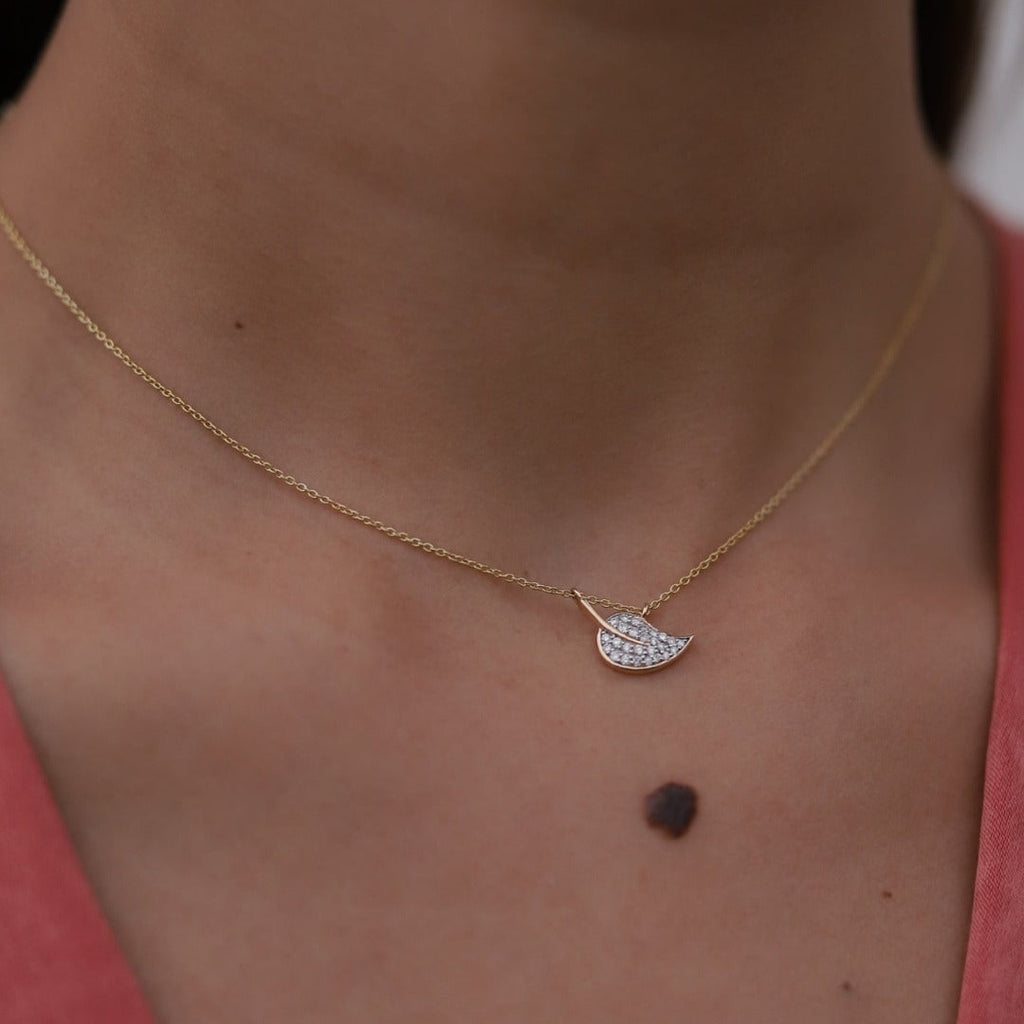 Solid Gold Leaf Diamond Pendant Necklace
