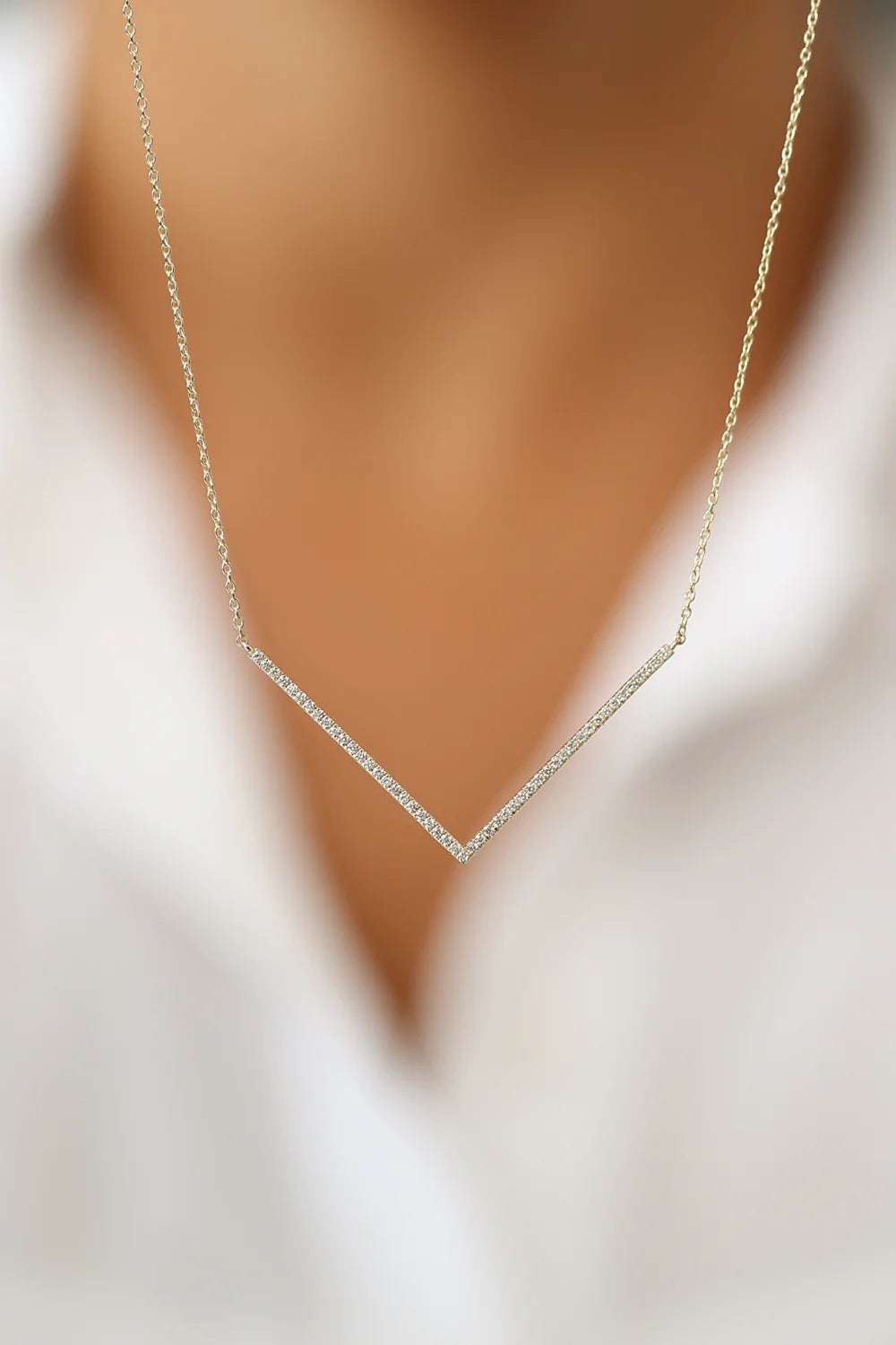 Solid Gold V Shaped Diamond Chevron Necklace