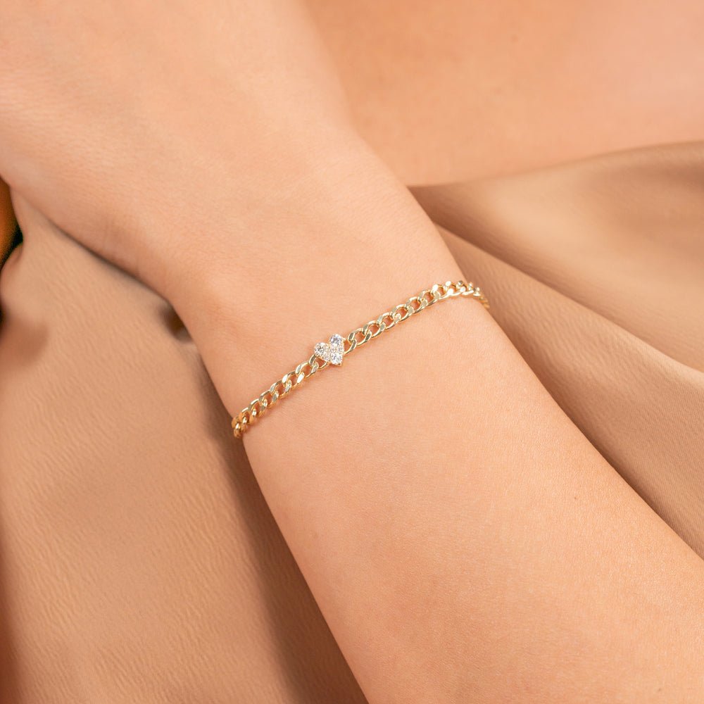 Solid Gold Diamond Heart Cuban Chain Bracelet