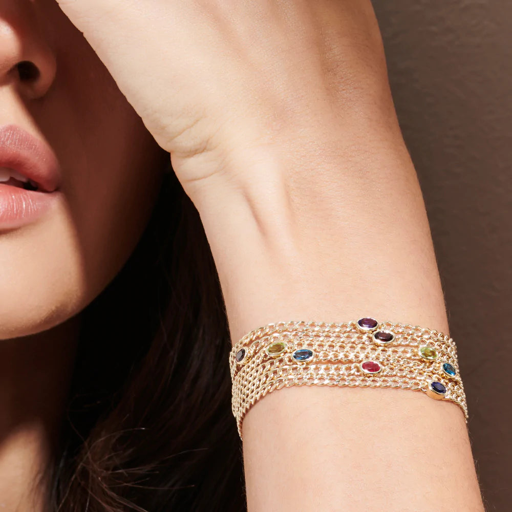 Solid Gold Cuban Link Bracelet | Bezel Setting Garnet Bangel