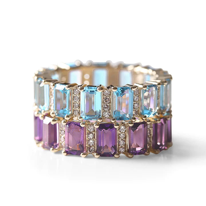 Solid Gold Solid Aquamarine And Diamond Emerald Cut Eternity Band