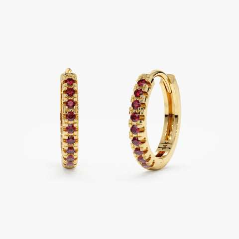 18K Solid Gold Ruby Huggie Hoop Earrings - Style A