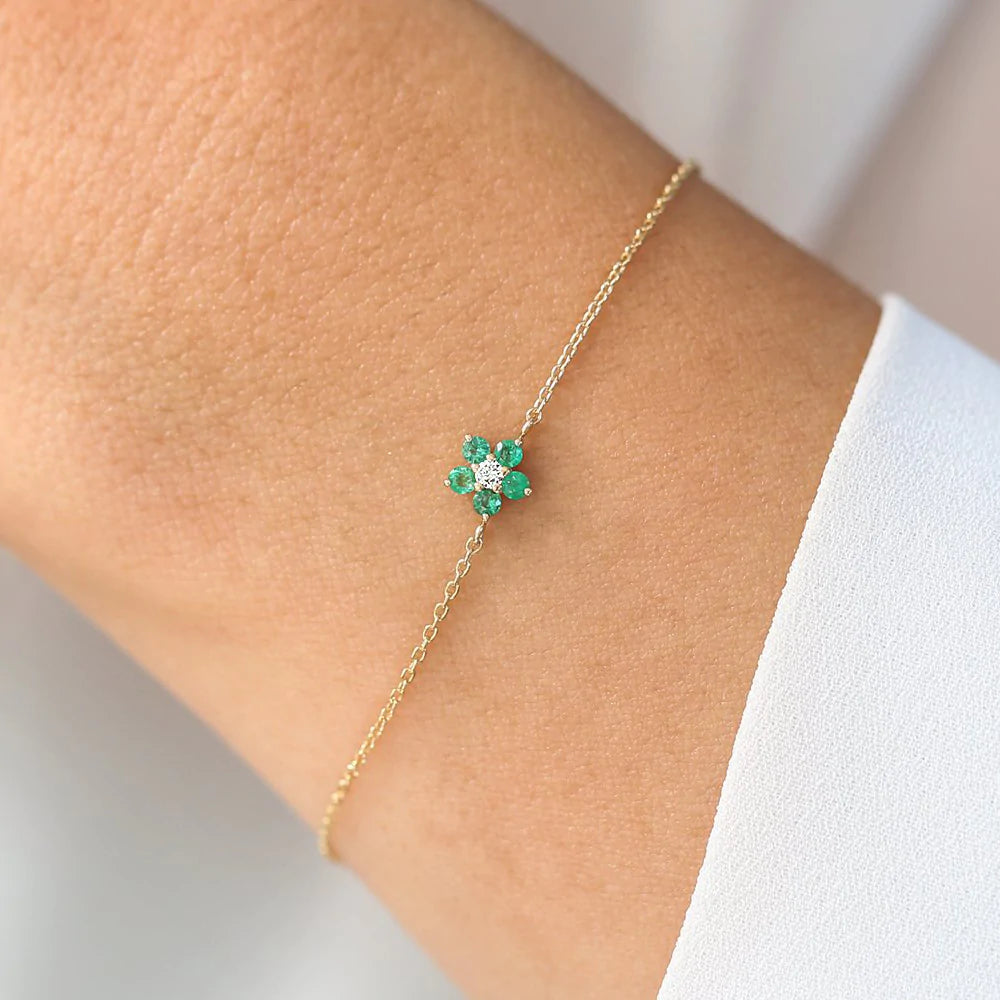 Solid Gold Emerald and Diamond Flower Charm Bracelet