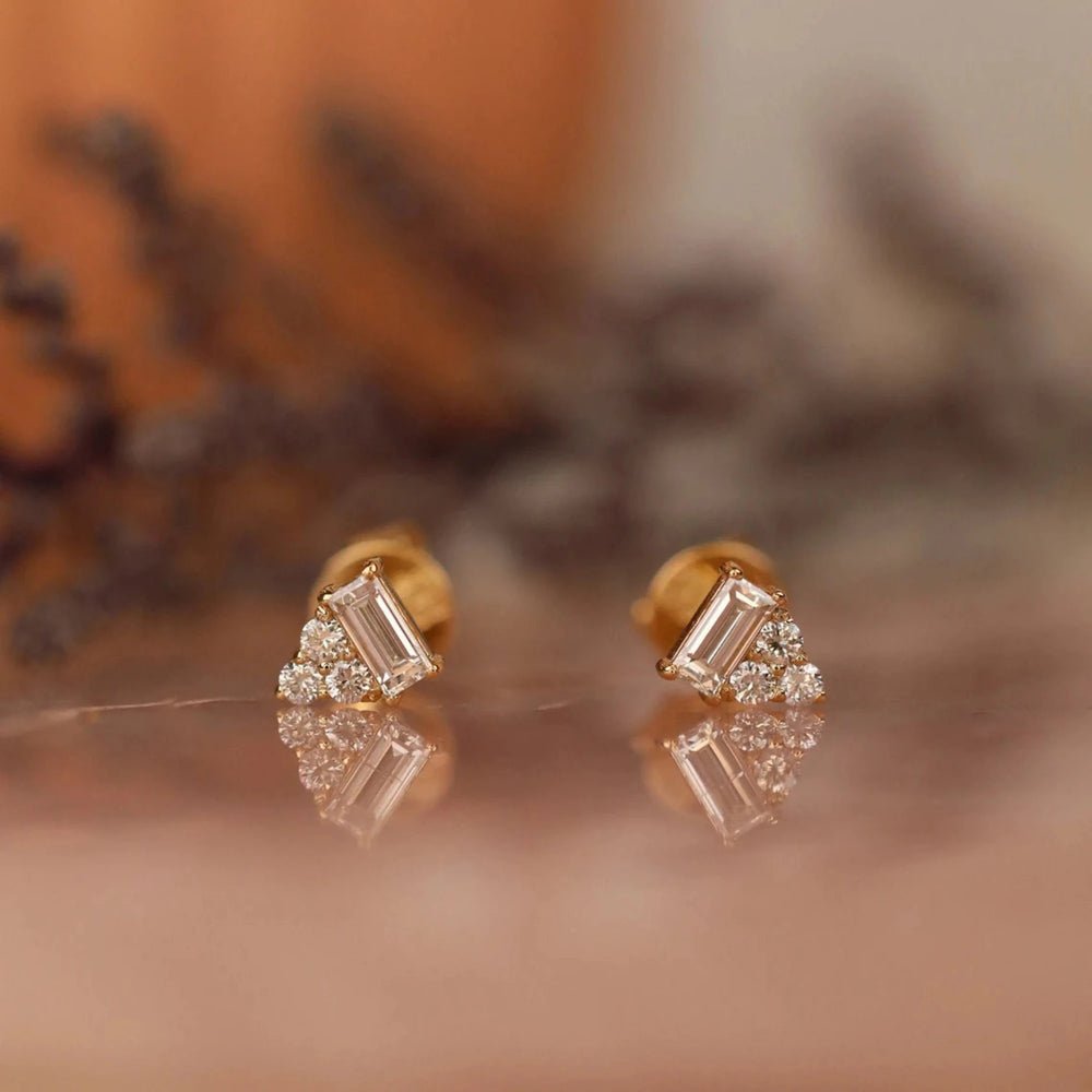 Solid Gold Baguette Accent Diamond Studs
