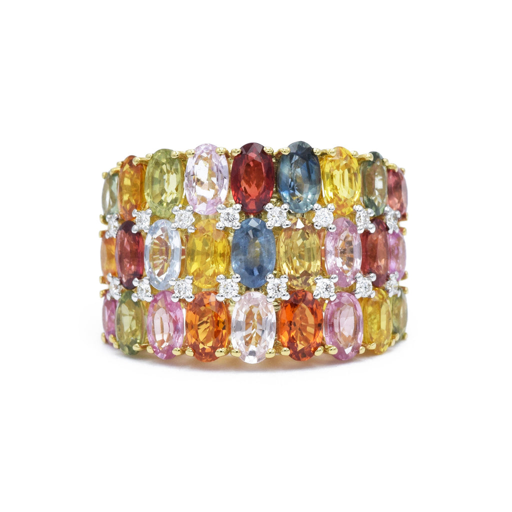 Solid Gold, Multi-Color Sapphire, Triple-Row Ring