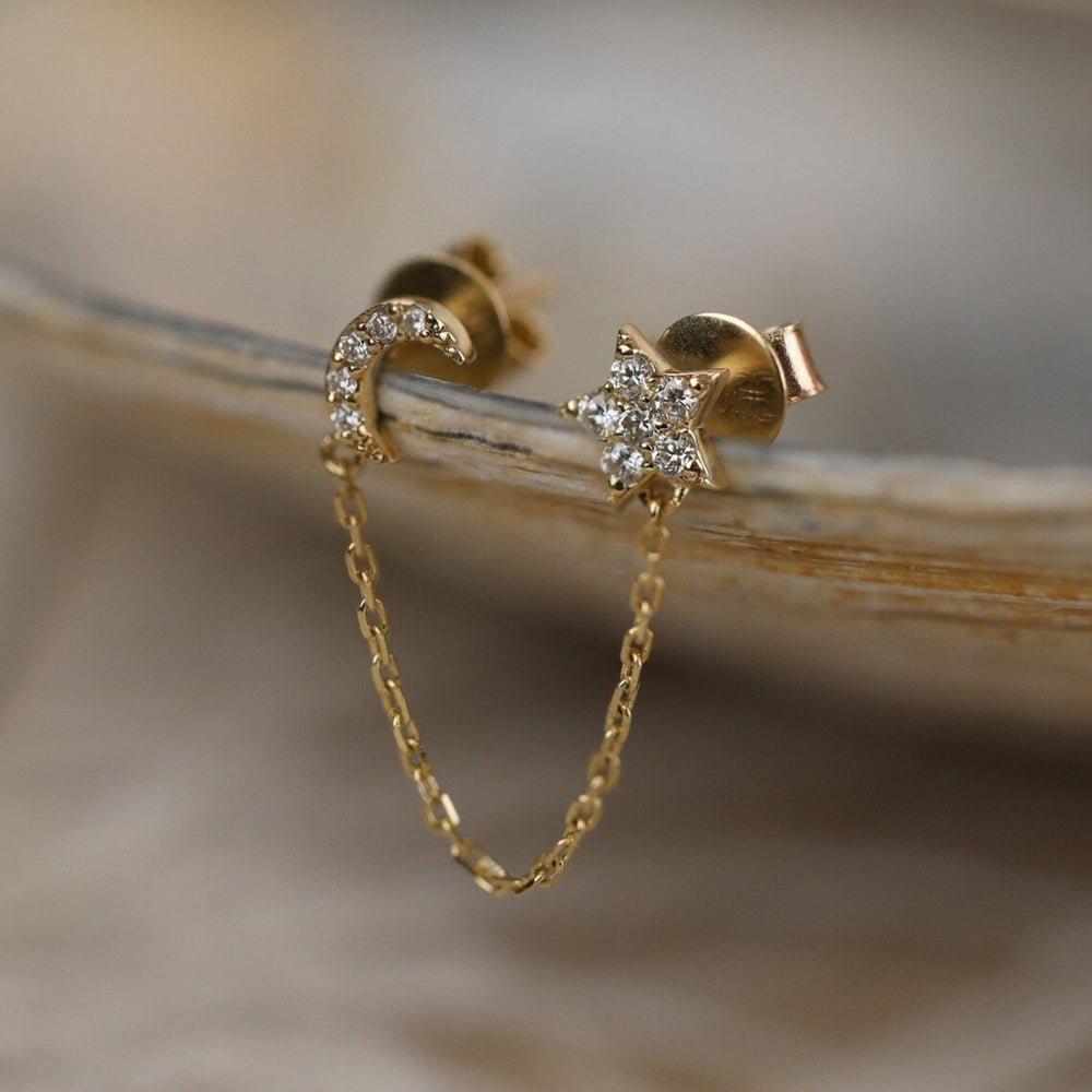 Solid Gold Diamond Moon and Star Chain Studs