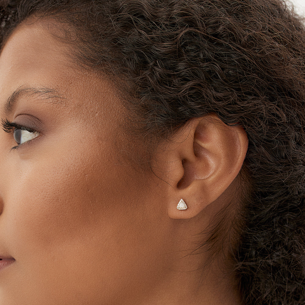 Solid Gold Petite Trillion Diamond Studs with Halo Setting