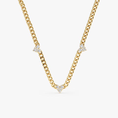 Solid Gold Diamond Heart Cuban Chain Station Necklace (09156A)