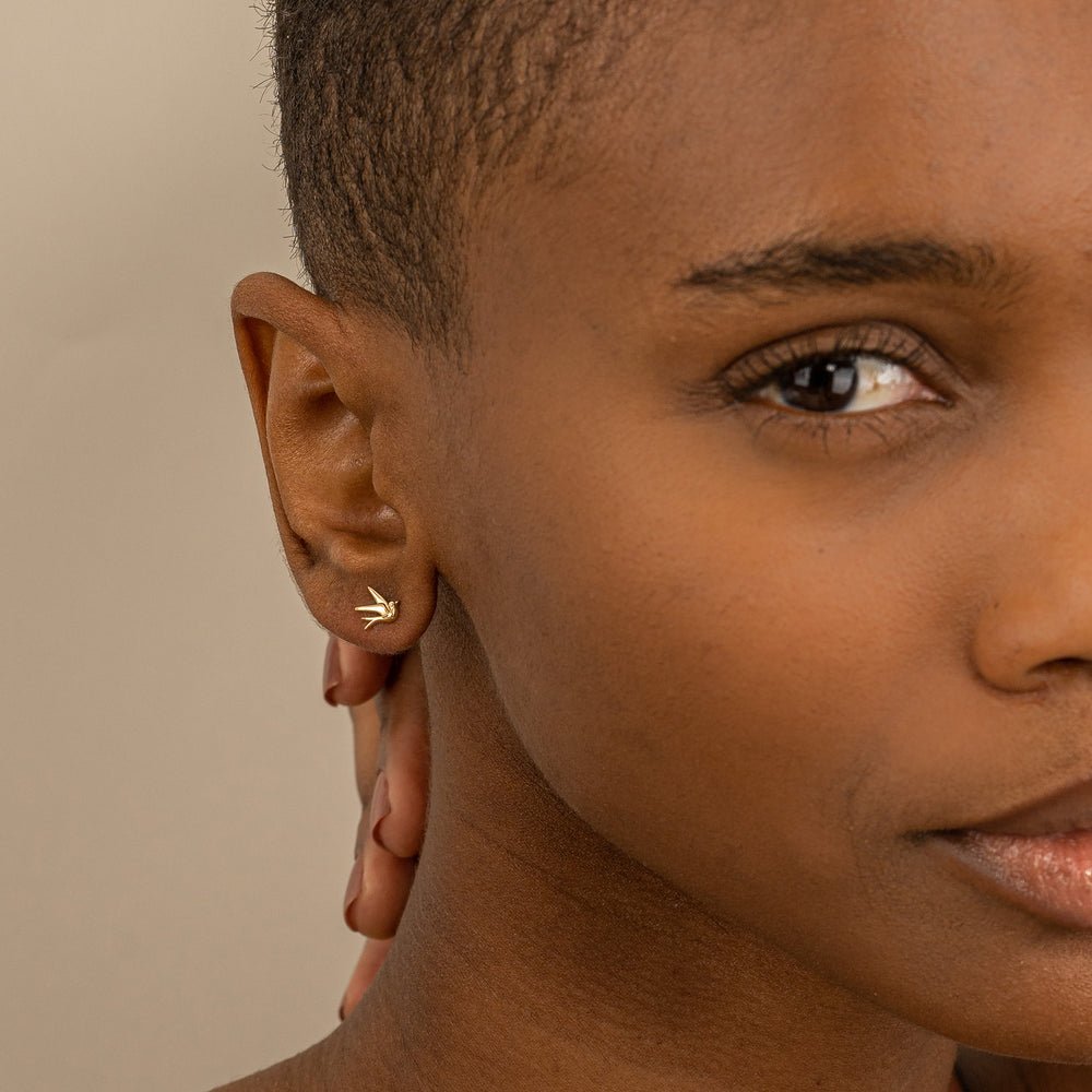 Solid Gold Swallow Bird Stud Earrings