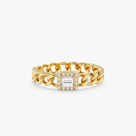 Solid Gold Emerald Cut Diamond Cuban Chain Ring (407264)