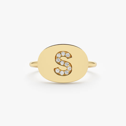 Solid Gold Initial Diamond Signet Ring (7A11E7)