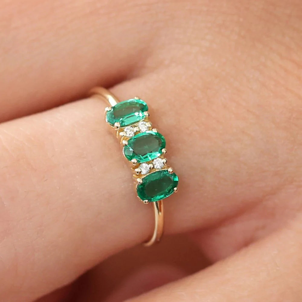 Solid Gold Triple Oval Emerald Diamond Ring