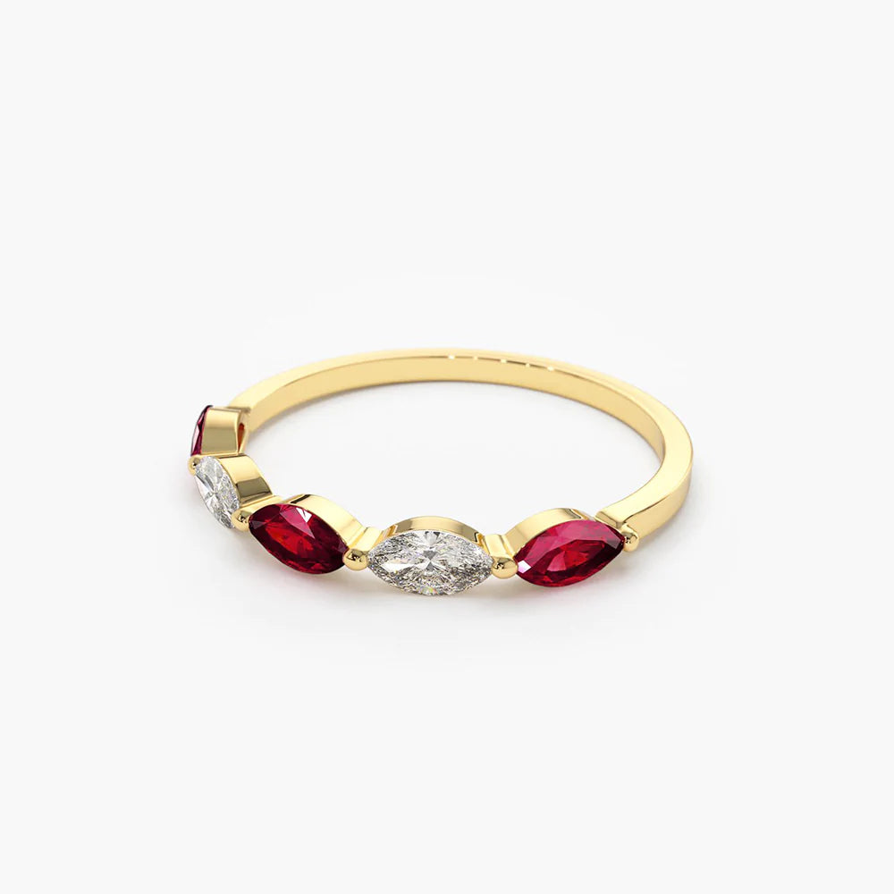 Solid Gold Ruby and Marquise Diamond Alternating Ring