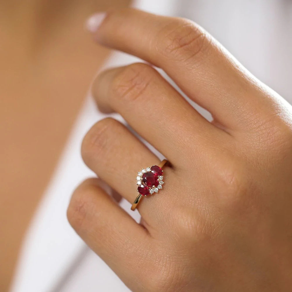 Solid Gold Three Stone Ruby Cluster Ring