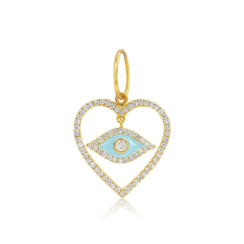 Solid Gold Diamond Open Heart Turquoise Enamel Evil Eye Pendant